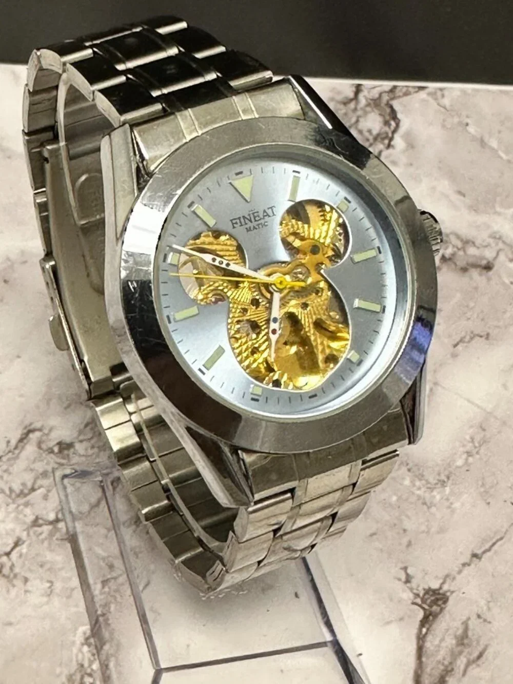 Fineatmatic Watch Men Silver Tone Skeleton Automatic Dial Mouse Ears 38MM 8.5